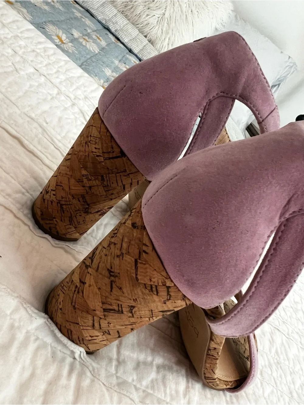 Anthropologie Botkier Gianna Ankle-Strap Suede Cork Heel Sandals Lilac Size 7.5